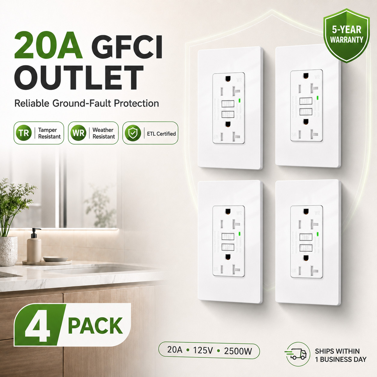 20 Amp GFCI Outlet TR WR Duplex Receptacle with LED and Wall Plate 125V ETL 4PK