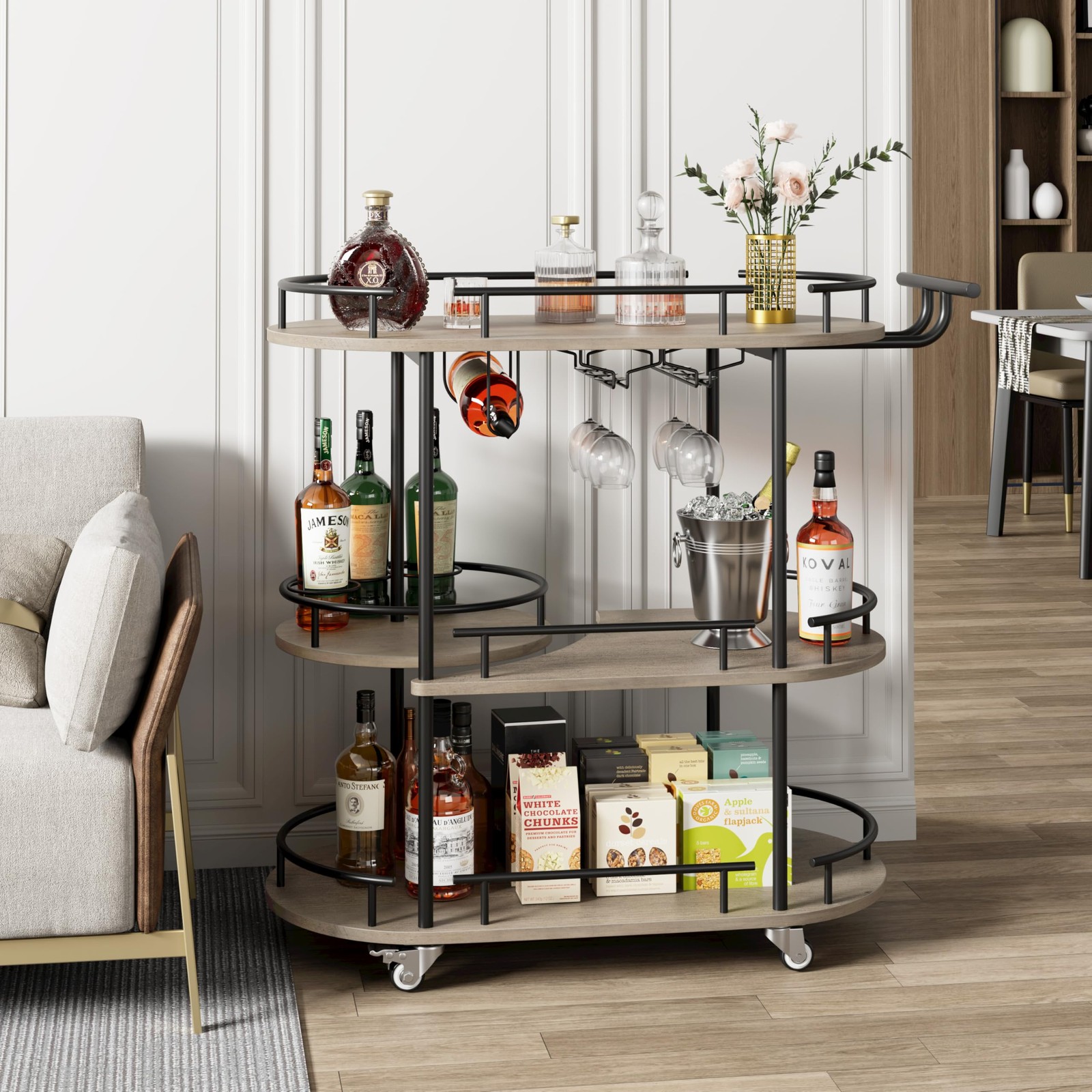 Bar Carts 3-Tier Storage Shelves Mobile Kitchen Serving Cart w/ Wine Rack Wheels