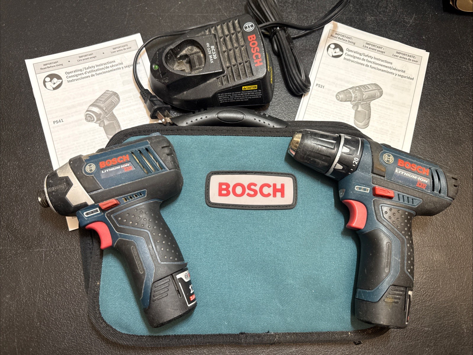 BOSCH PS41 + PS31 Drill And Impact With 2 Batteries And Charger + Case Lot