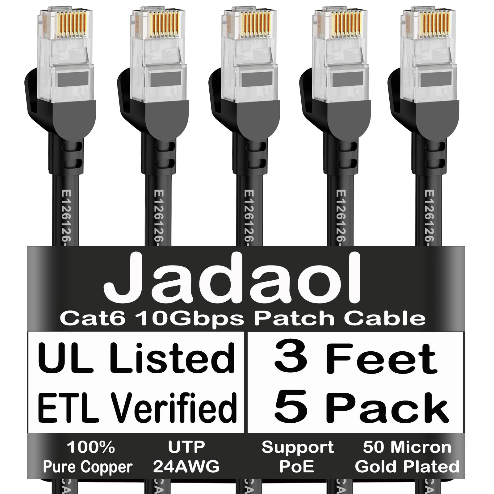 Cat6 Ethernet Patch Cables 3ft 5-Pack, 10Gbps 24AWG Pure Copper RJ45 Cat6a Pa...