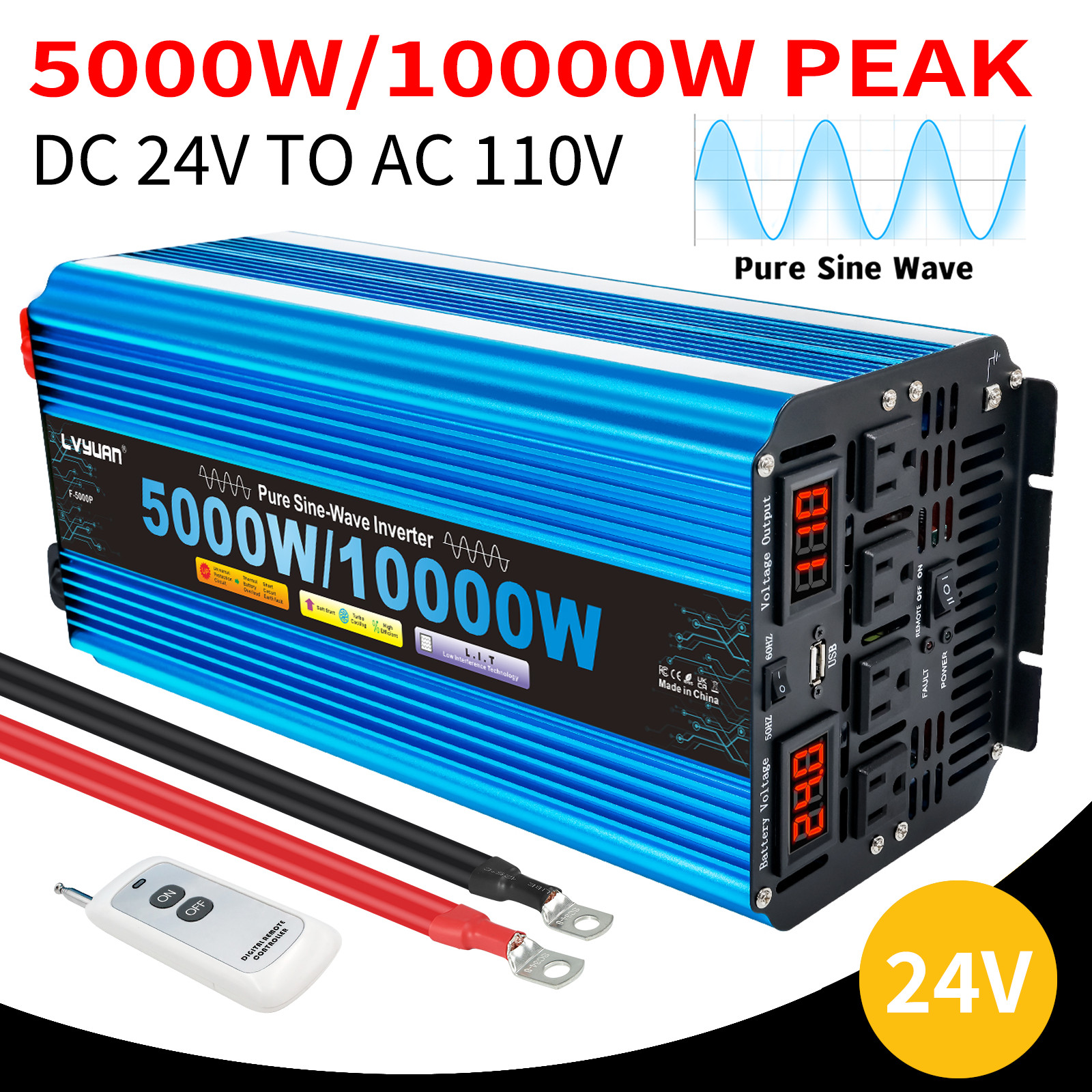 5000W 10000W Pure Sine Wave Power Inverter 24V to 110V Converter Remote 4AC LED
