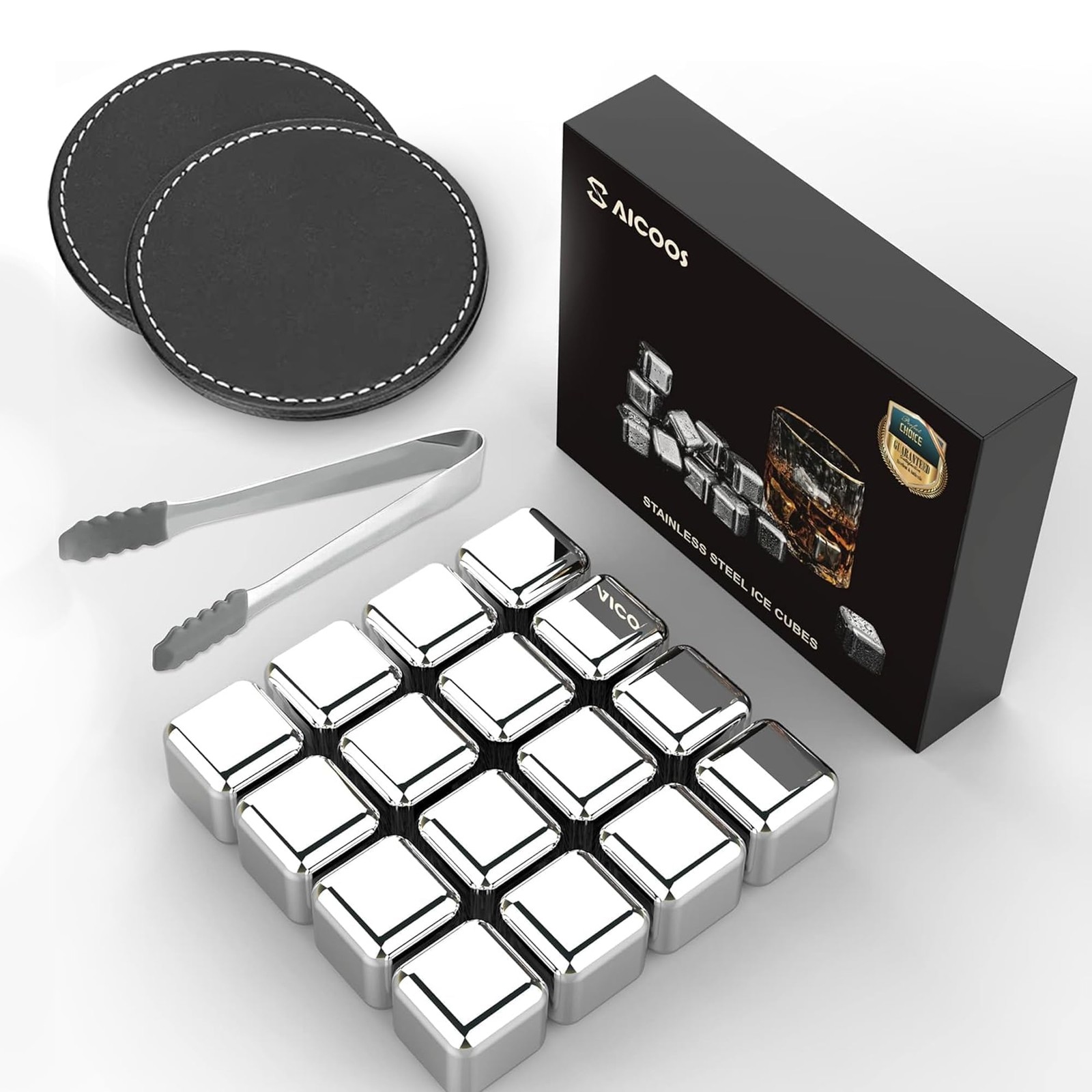 16 Pack Reusable Stainless Steel Ice Cubes for Drinks - Metal Whiskey Stones, Hi