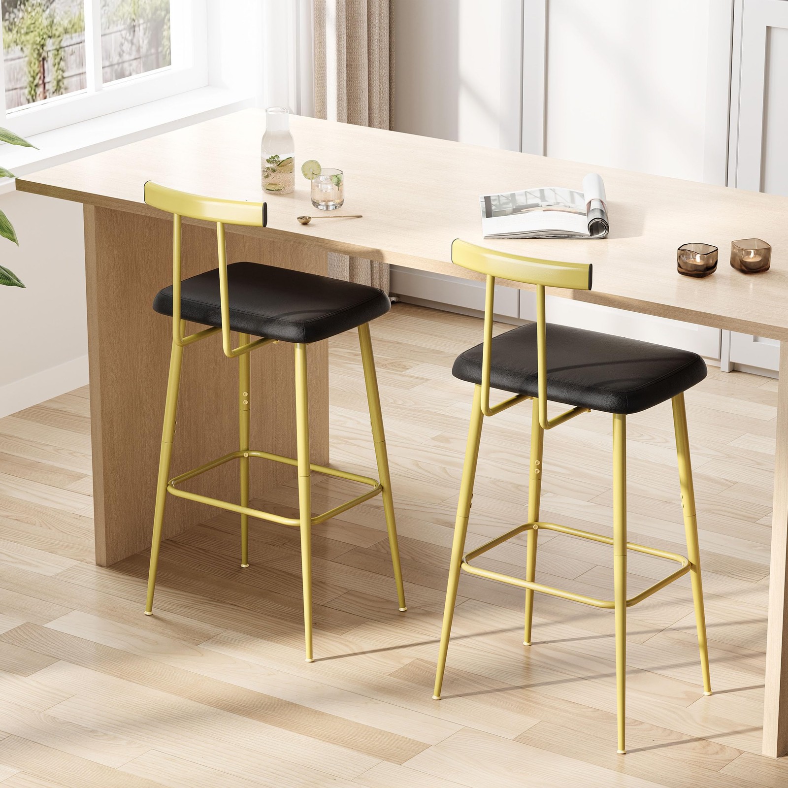 YAUKTAK Bar Stools Set of 2, Tall Bar Stools with Backrest and Footrest, Coun...