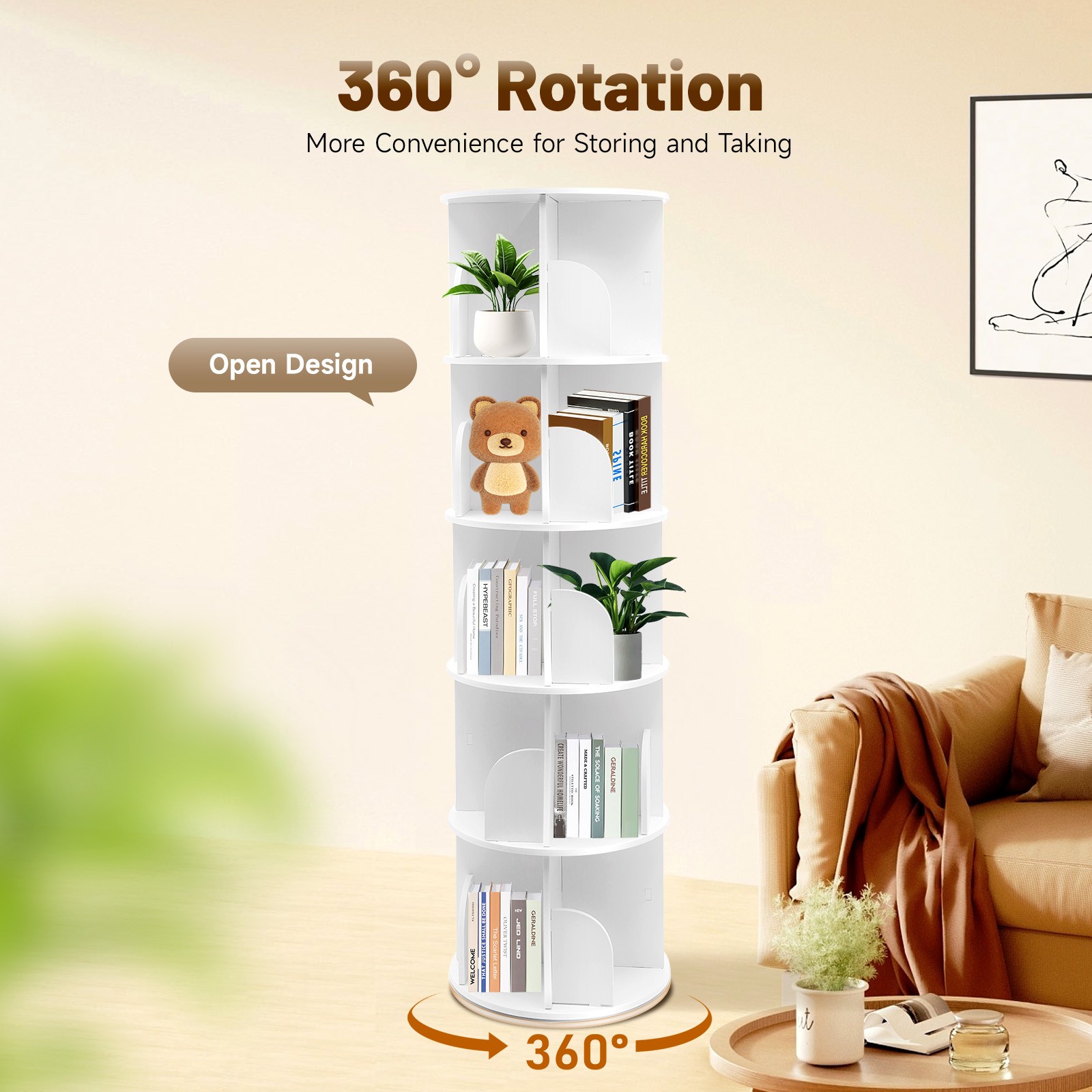 5 Tier Bookcase Bookshelf Storage 360° Rotating Shelf Organizer for Living Room
