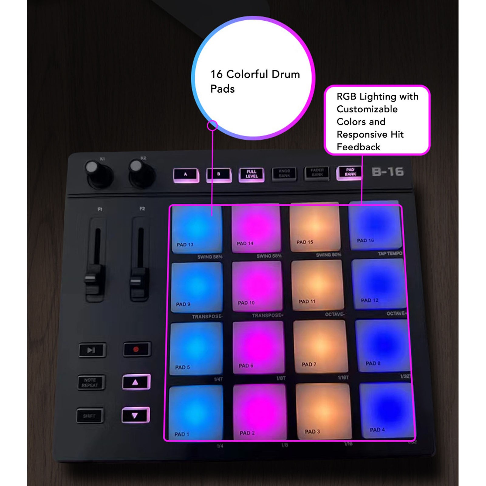MIDI Controller With 16 Drum Pads 2 Assignable Fader Knobs RGB Portable MID XIPE