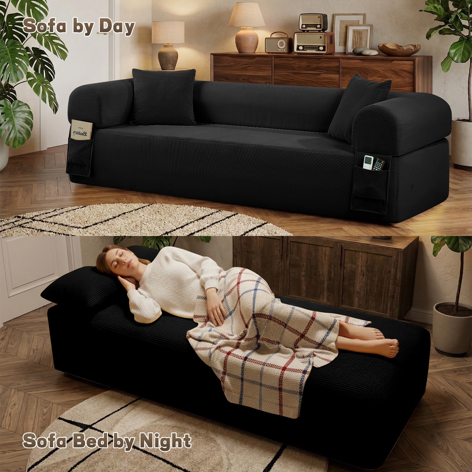 2-in-1 Convertible Sofa Bed,Corduroy Cloud Floor Boneless Couch for Living Room