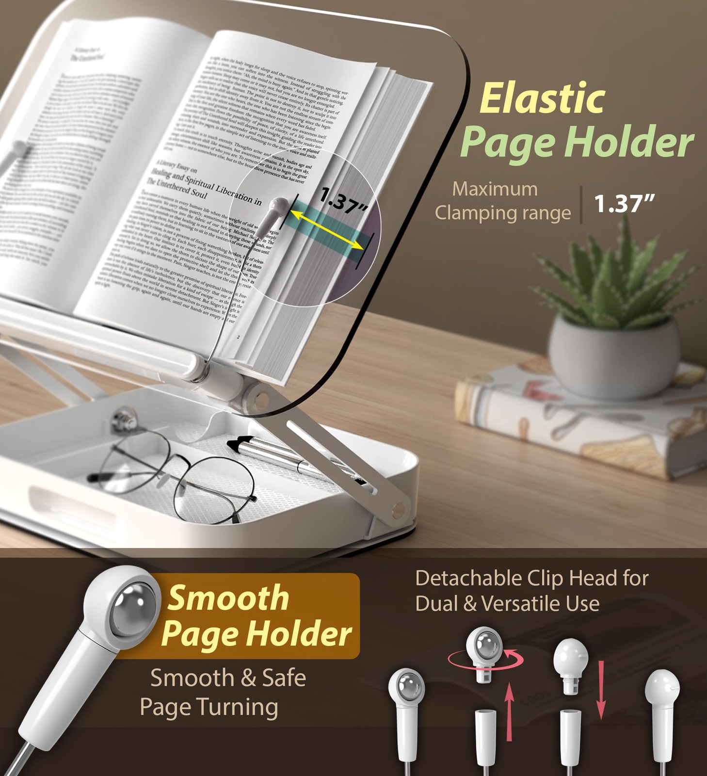 Acrylic Book Stand with Storage, 360° Rotating, Foldable Storage