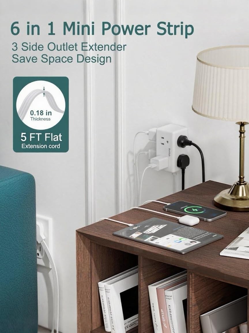 5Ft Flat Plug Small Power Strip,3-Side White Extension Cord with 6 Wide Outle...