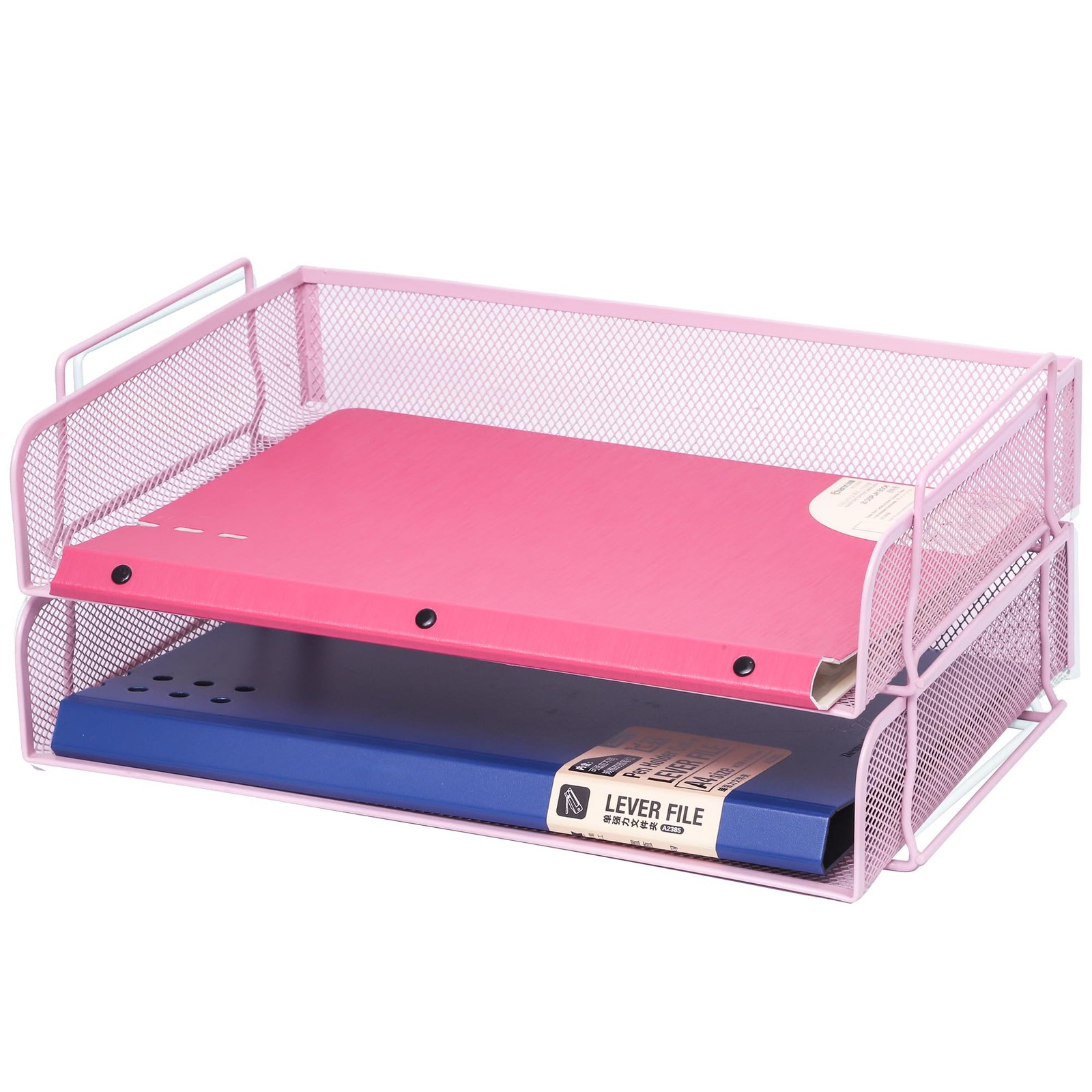 Pink Stackable Desk Paper Tray Metal Mesh File Organizer 13.5x9.75x5.5 Inch