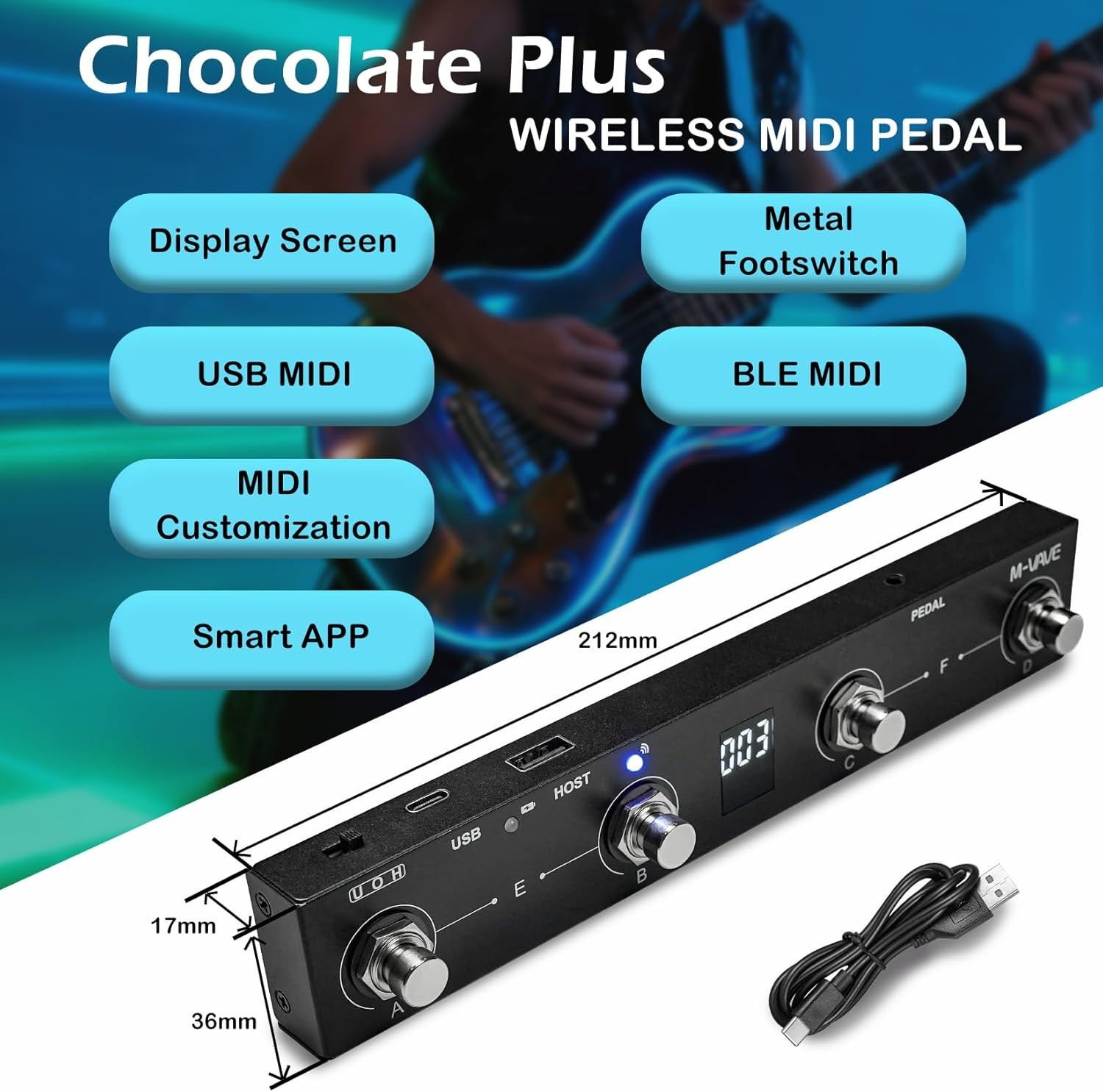M-VAVE Chocolate Plus Wireless MIDI Foot Controller 4 Buttons BT Black
