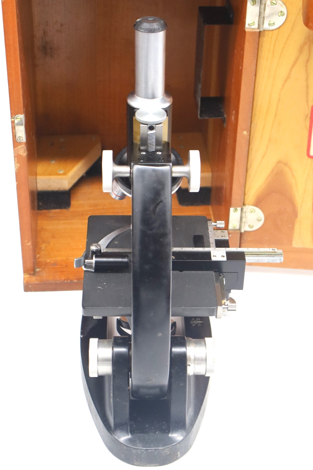 Vintage Bausch & Lomb Optical Microscope Mechanical Stage 3 Objectives Wood Case