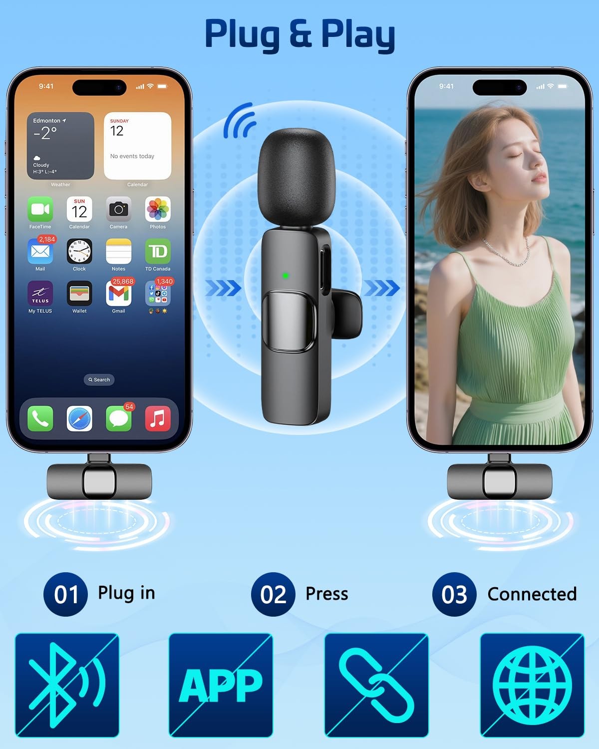 Pink Wireless Lavalier Microphone for iPhone & Android - Mini Clip-On