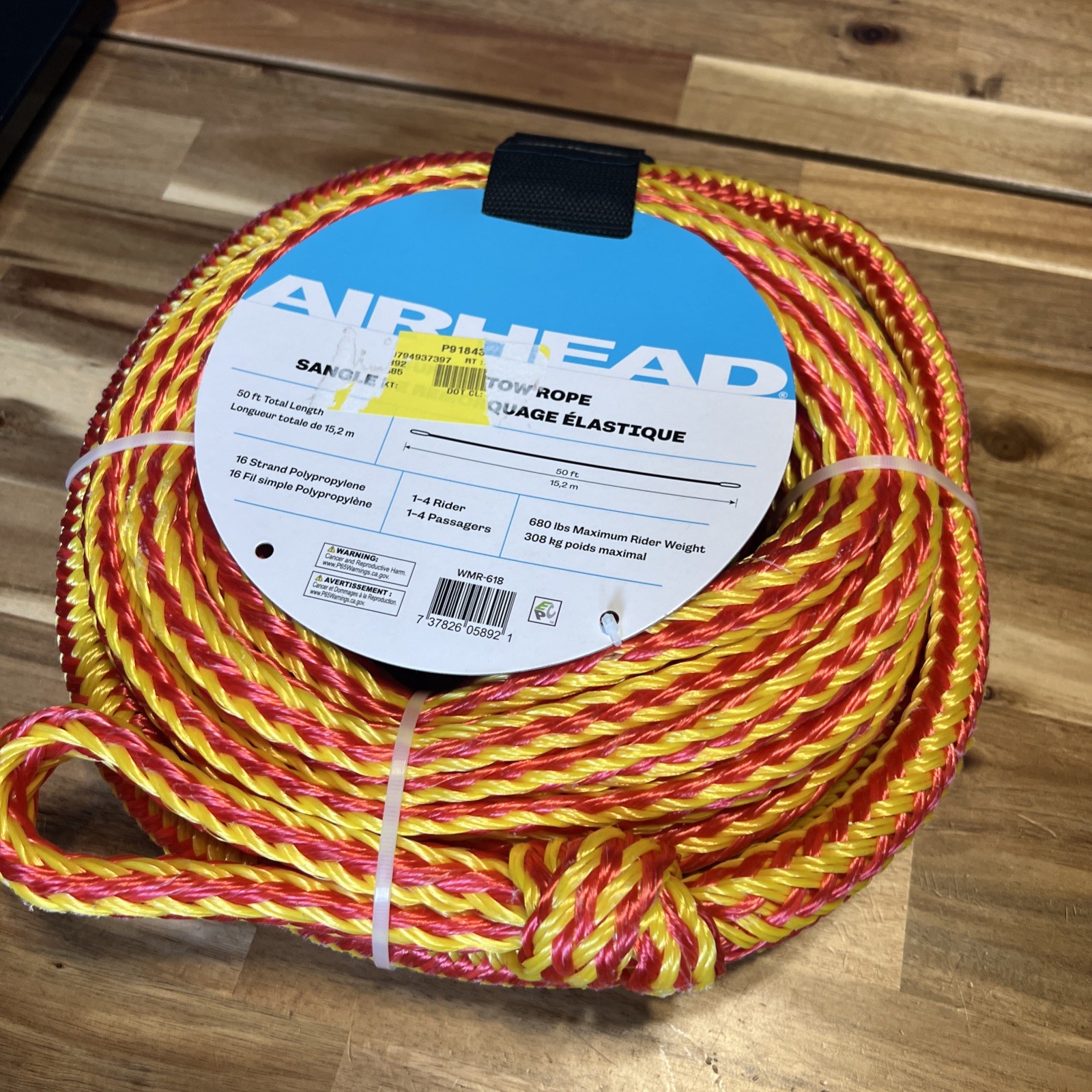 Airhead Bungee Water Tube Tow Rope 50' WMR-618 Yellow/Red 4-rider 680lb Max