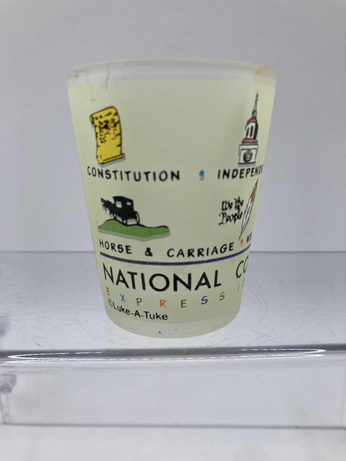 Luke-A-Tuke Frosted Shot Glass National Constitution Center Eagle Flag 2.25" X 2