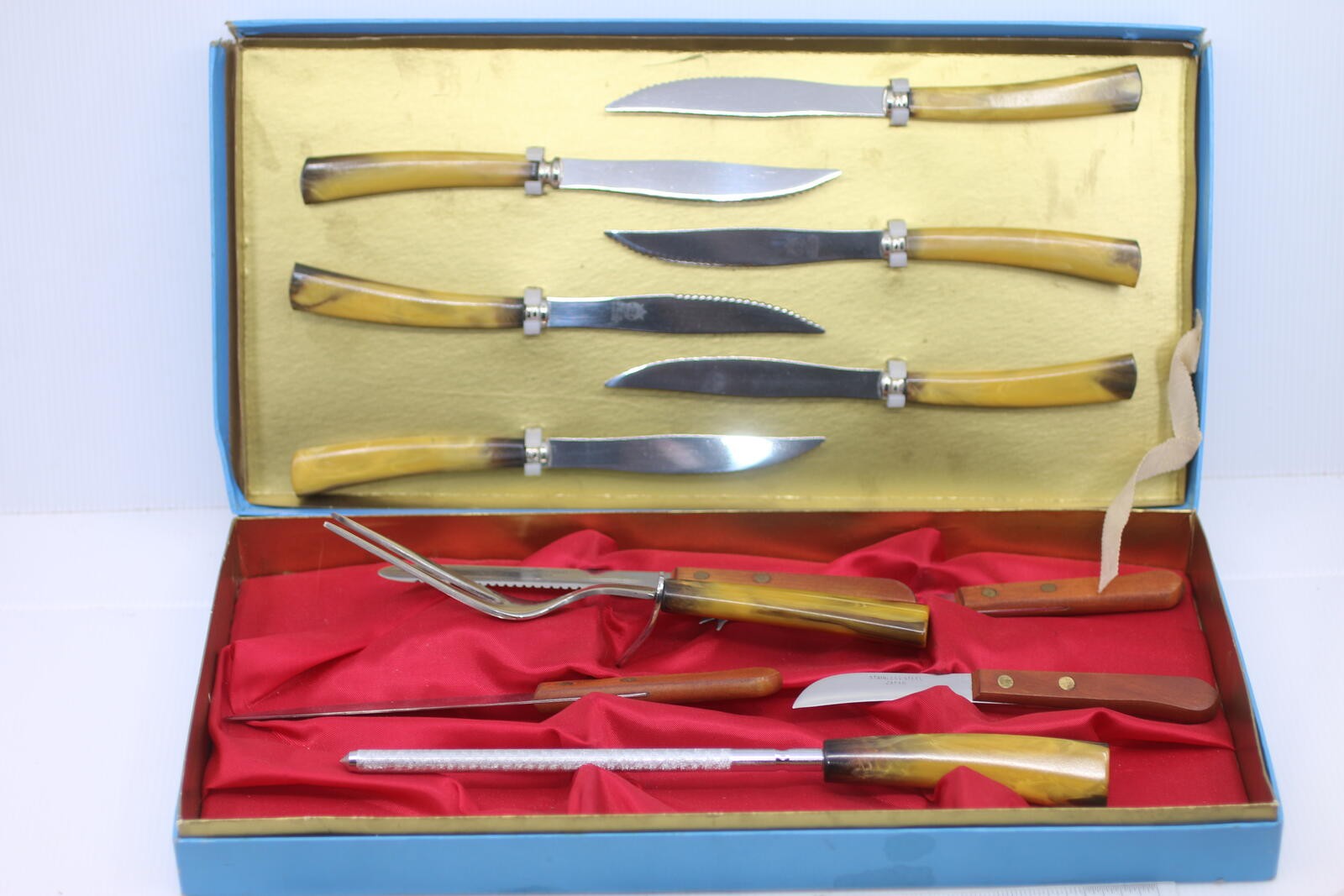Vintage Sheffield Japan Steak Knife Set Carving Set Faux Horn Handles Box set 12