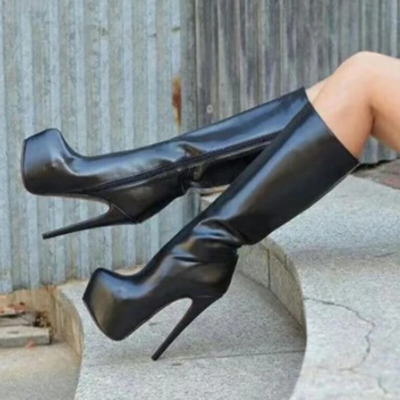 Women Knee High Platform Boots Full Zip Up Thin High Heels Tall Boots Female Han