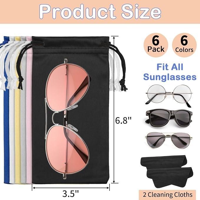 6 Pcs Microfiber Glasses Sunglasses Pouch With 2 Cleaning Cloths Soft Drawstring