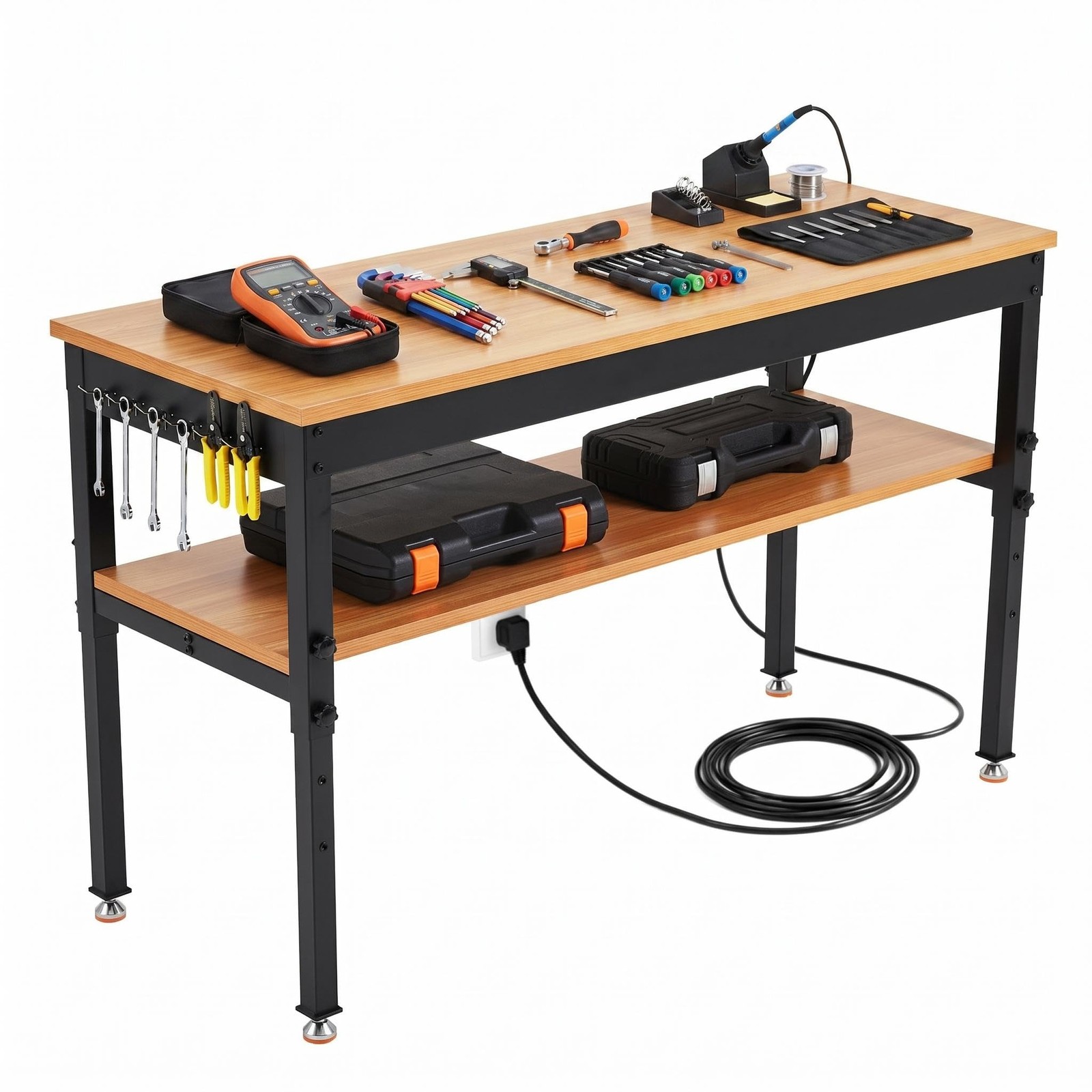 60" Adjustable Height Workbench 2500LBS Work Table w/Power Outlet ,Storage Shelf