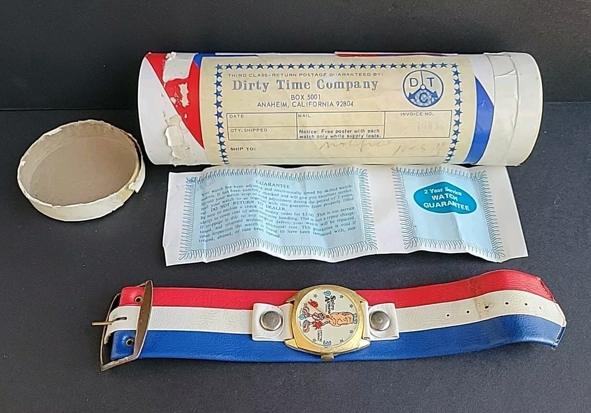 Vtg Spiro Agnew Watch "Dirty Time Company" Swiss Made w/ Original Tube *PLS READ