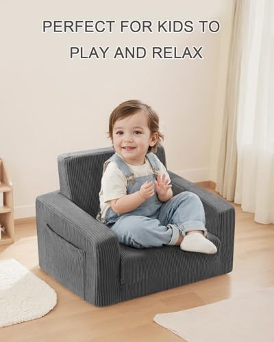 Toddle & Kids Chair,2-in-1 Soft Toddler Couches That Fold Out,Toddler Grey