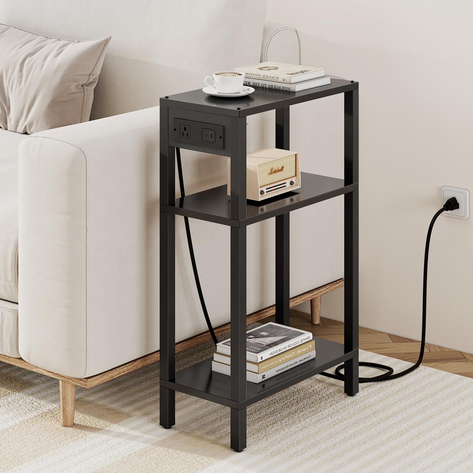 Narrow Side Table with Charging Station,Small End Table with USB Ports and Ou...