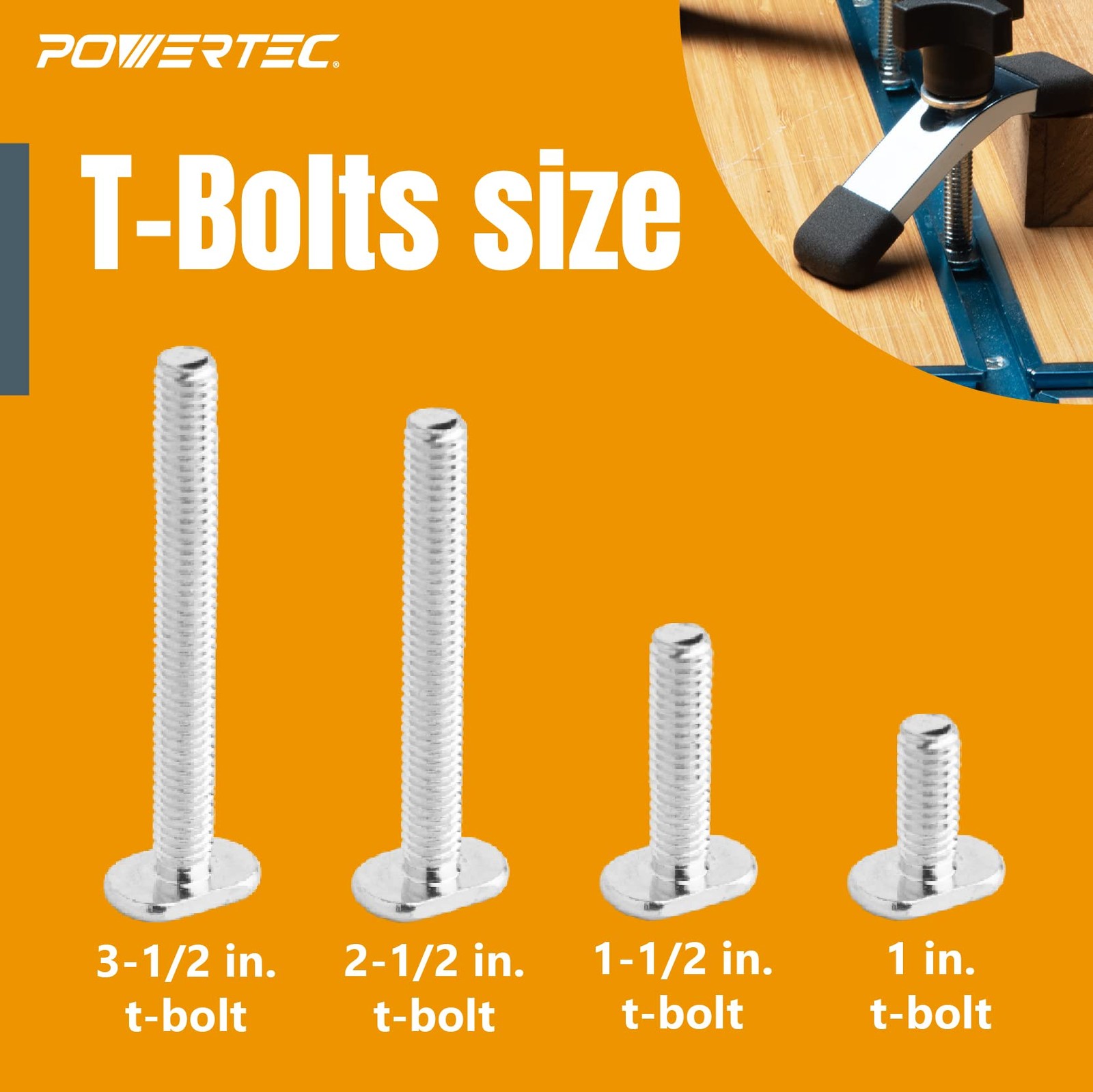 POWERTEC 71121V T Track Knob Kit w/Threaded Knobs and 5/16”-18 T Track Bolts, 16