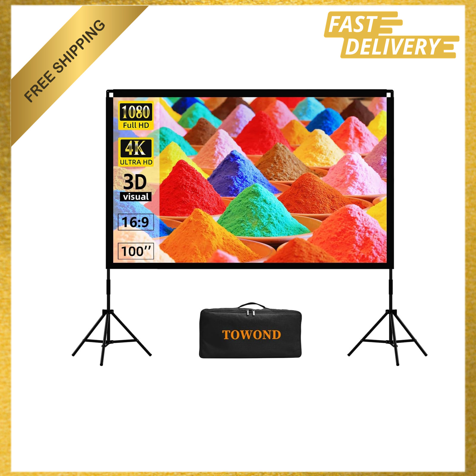 Projection Screen with Stand, 120 Inch Outdoor Movie Screen, 16:9 HD Front Rear