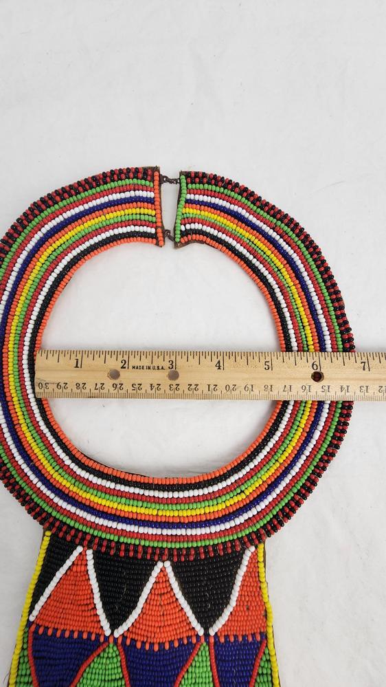 Maasai Tribal Beaded Leather Bib Collar Necklace - 8 1/4 x 5 1/4 in, Vintage