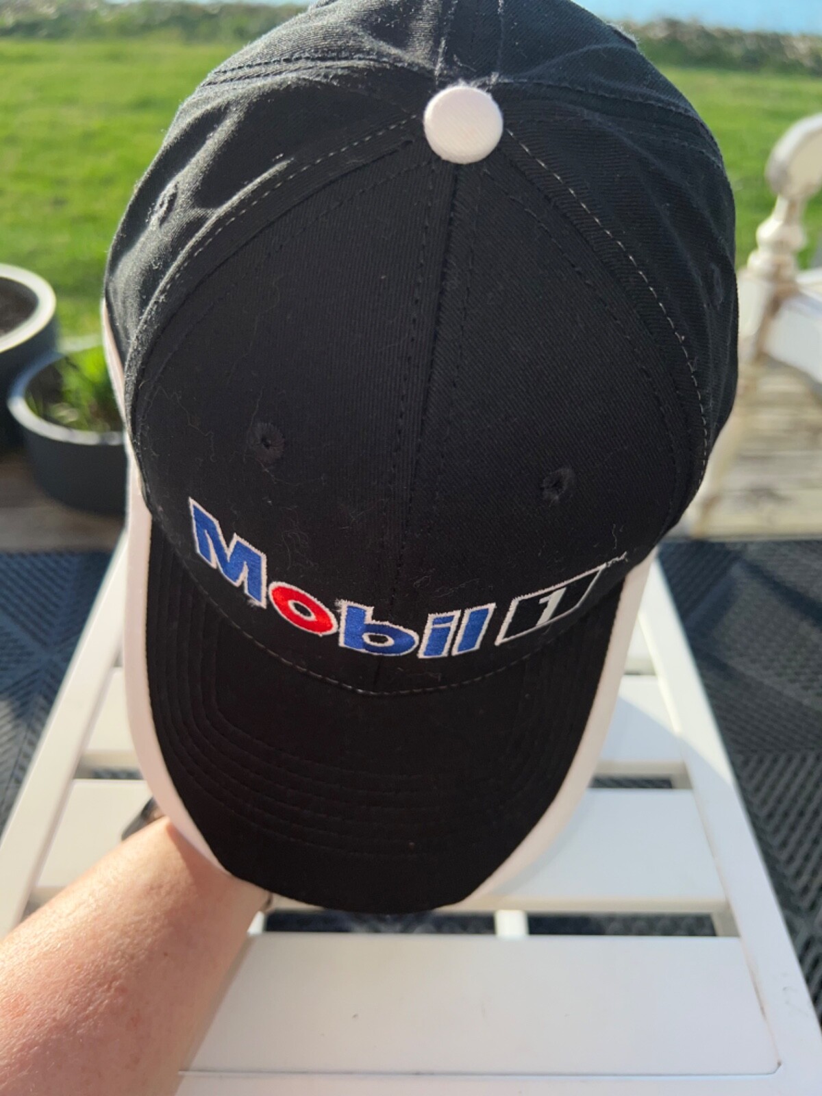 Mobile BlackHat Cap with RWB Accents White Edges on Bill Hook Loop EUC