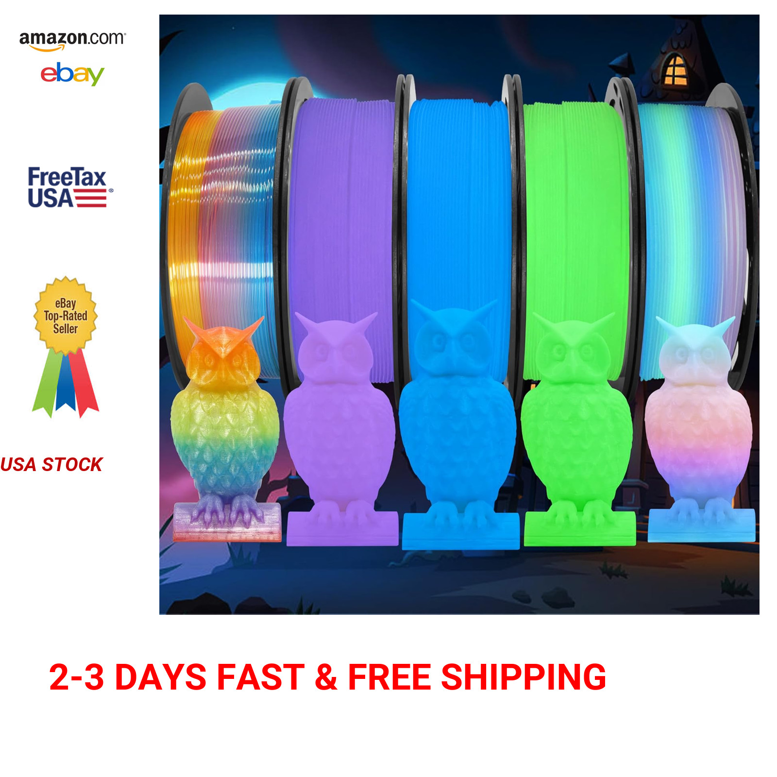 1.75mm PLA Filament Bundle Glow in Dark Green Blue Purple Rainbow Multi Color
