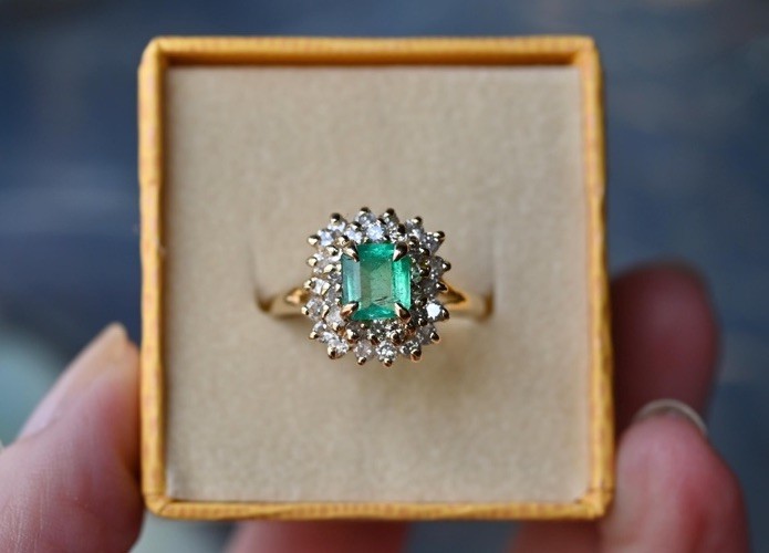 14K Solid Gold Emerald Diamond Halo Cluster Engagement Ring