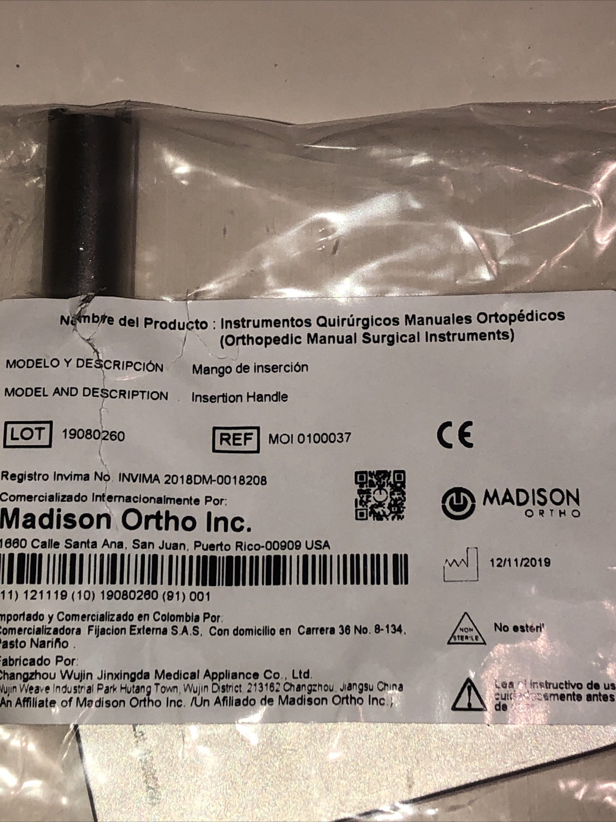 MADISON ORTHO Insertion handle REF:MOI 0100037 lot:19080260