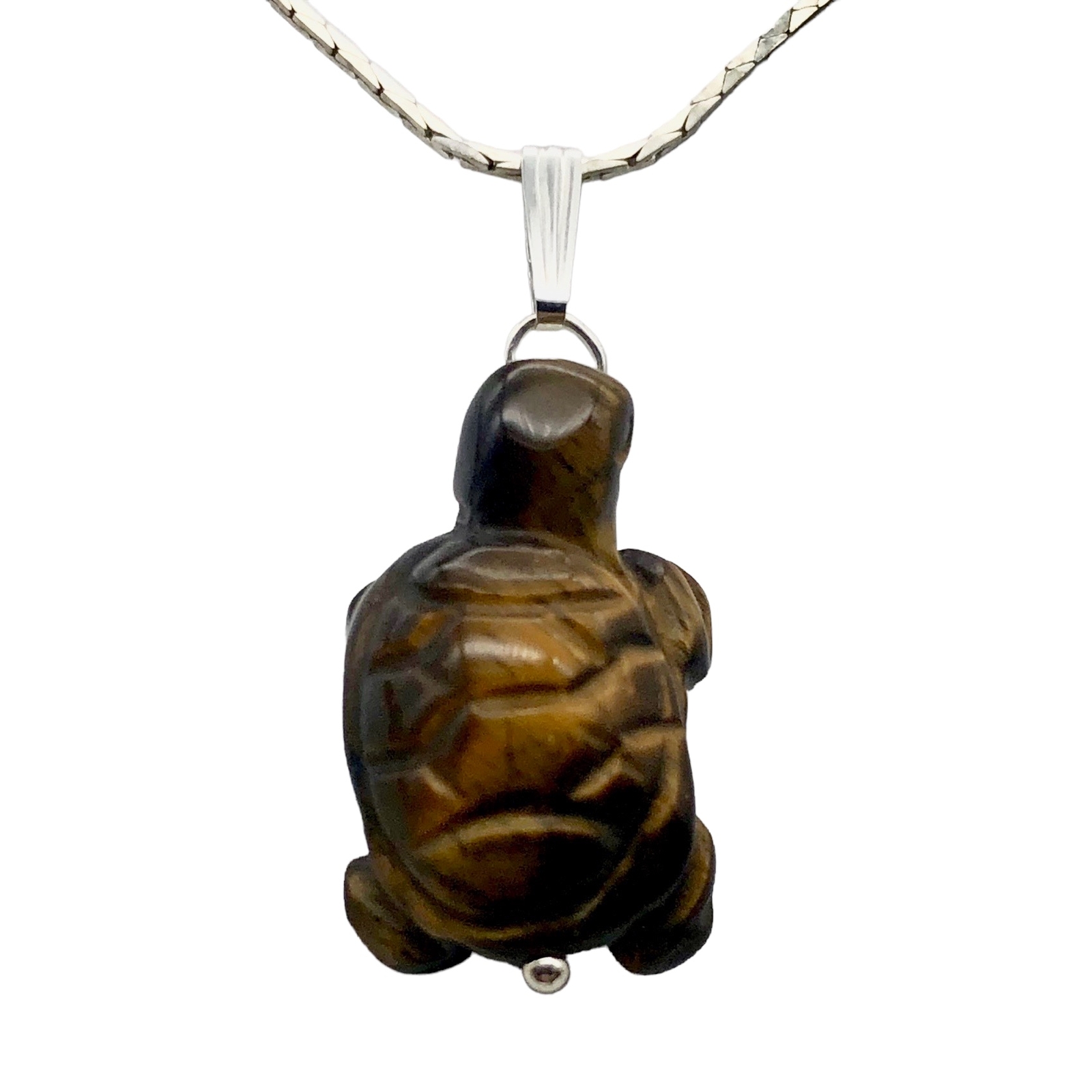 Tiger Eye Turtle Pendant Necklace | Semi Precious Stone Jewelry | Silver Pendant