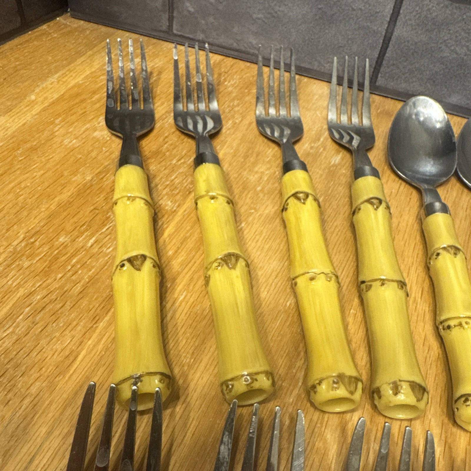26 PC Salad Forks Spoons Knives Gibson Faux Bamboo Stainless Steel