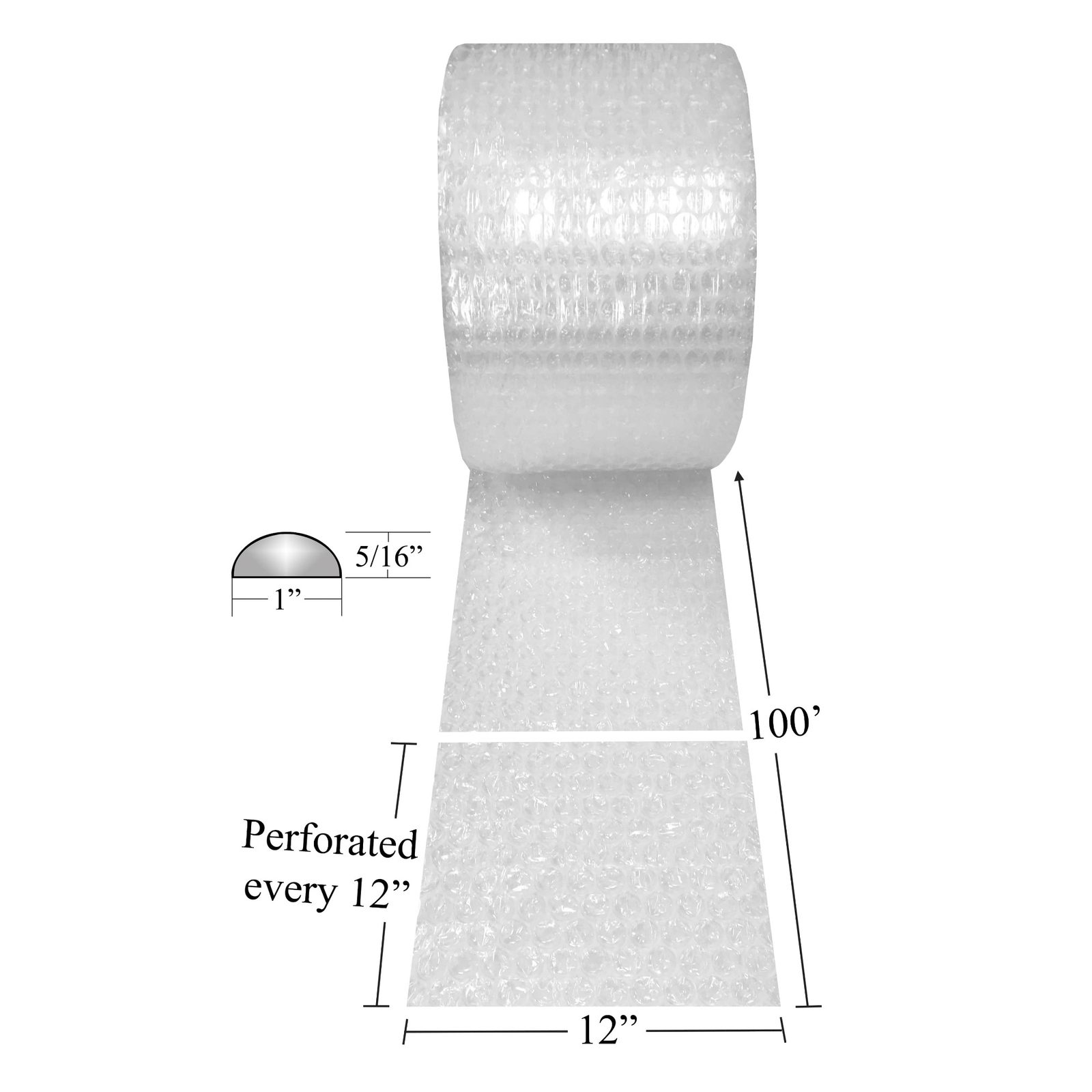 UBMOVE Bubble Roll 12" wide x 100' Wrap Medium 5/16" Perforated 12"