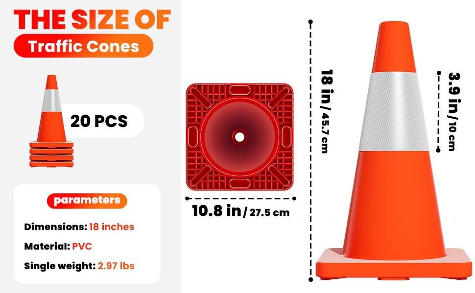 18" 20Pcs Traffic Cones w/ Reflective Collars Hazard Construction Cones