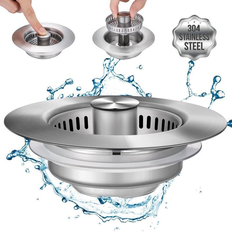 3-in-1 Kitchen Sink Drain Kit Strainer Stopper & Drain Assembly Stainless Steel