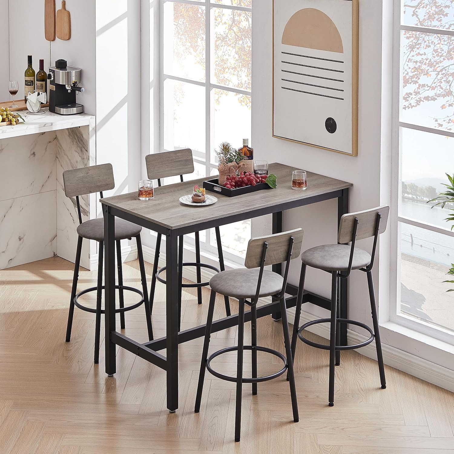 5 Piece Bar Table Set with 4 Bar Stools, Industrial Counter Height Pub Table Set