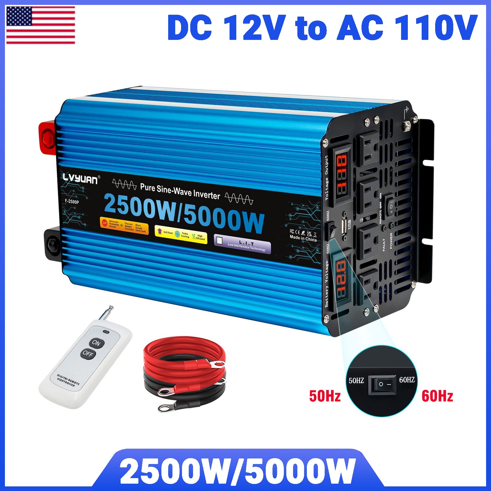 2500W 5000W Pure Sine Wave Power Inverter DC 12V to AC 110V 4AC Converter Remote