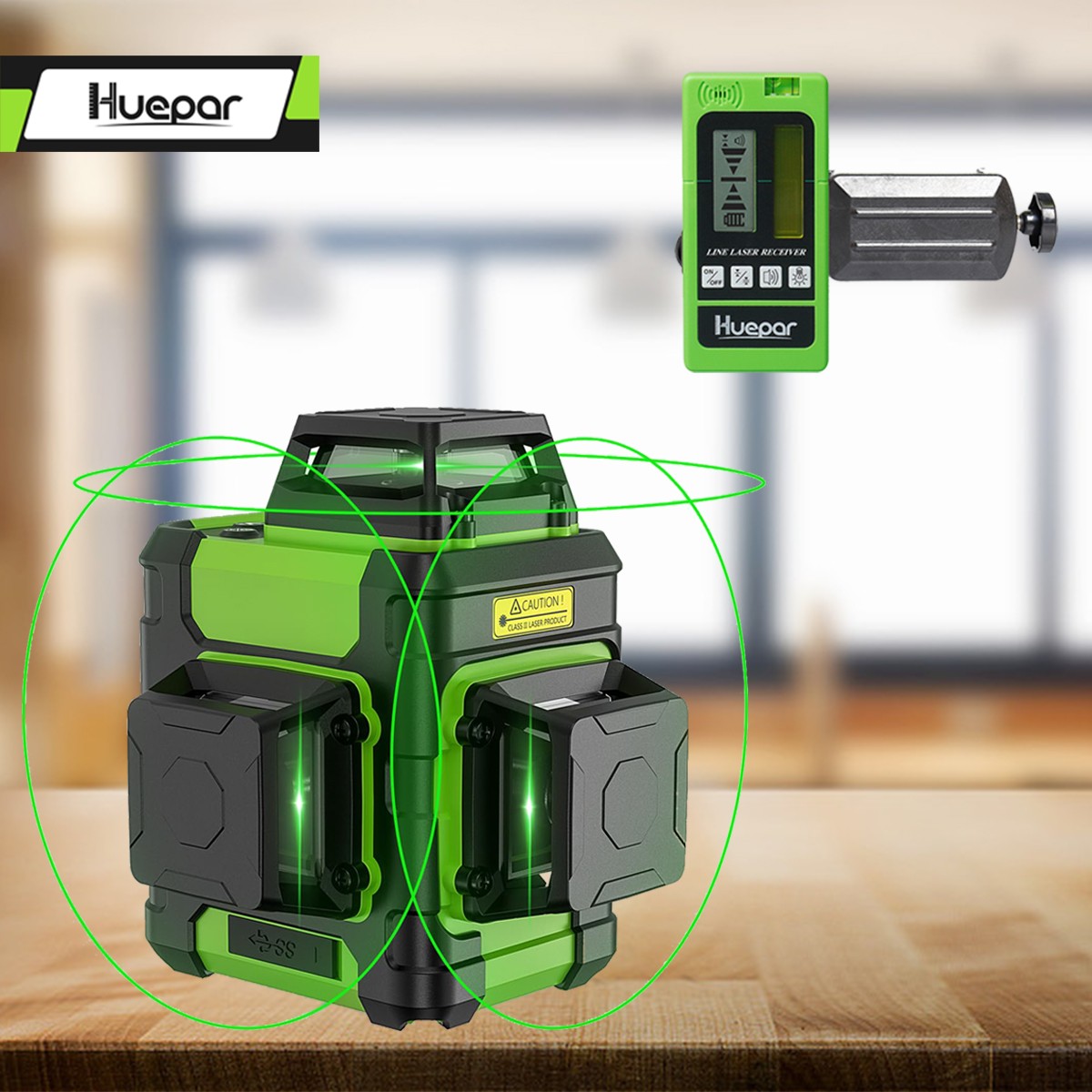 Huepar 3D Laser Level 360 Self Leveling Green & Hard Carry Case HM03CG+Receiver