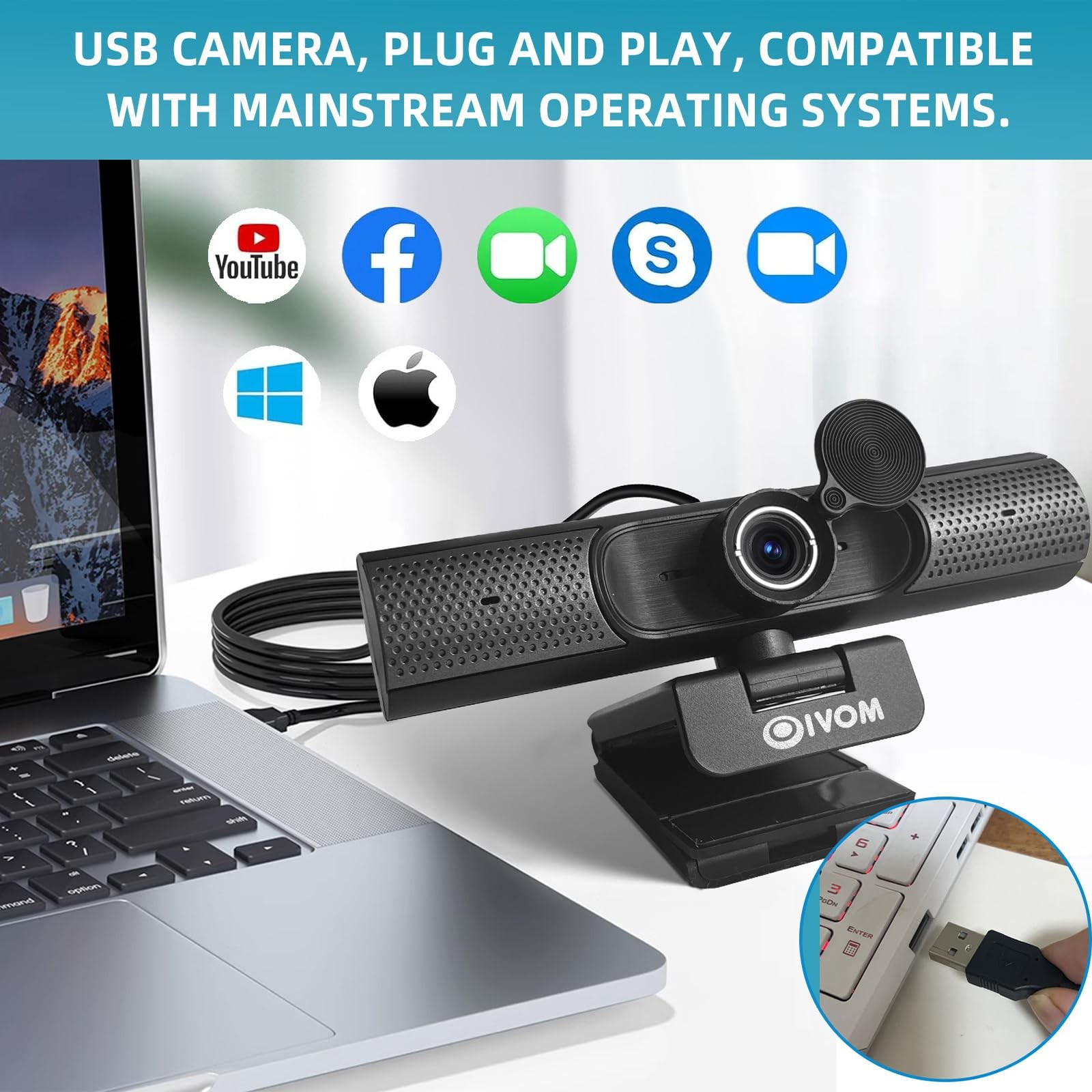 Webcam with Microphone and Speaker, 1080P Web Camera for Desktop Computer Lap...