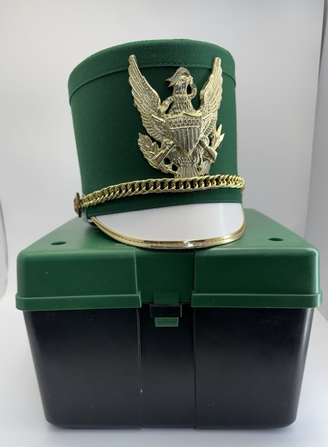 Vintage Shako Marching Band Uniform Hat Green Gold White Sz S-M-L- XL w/case