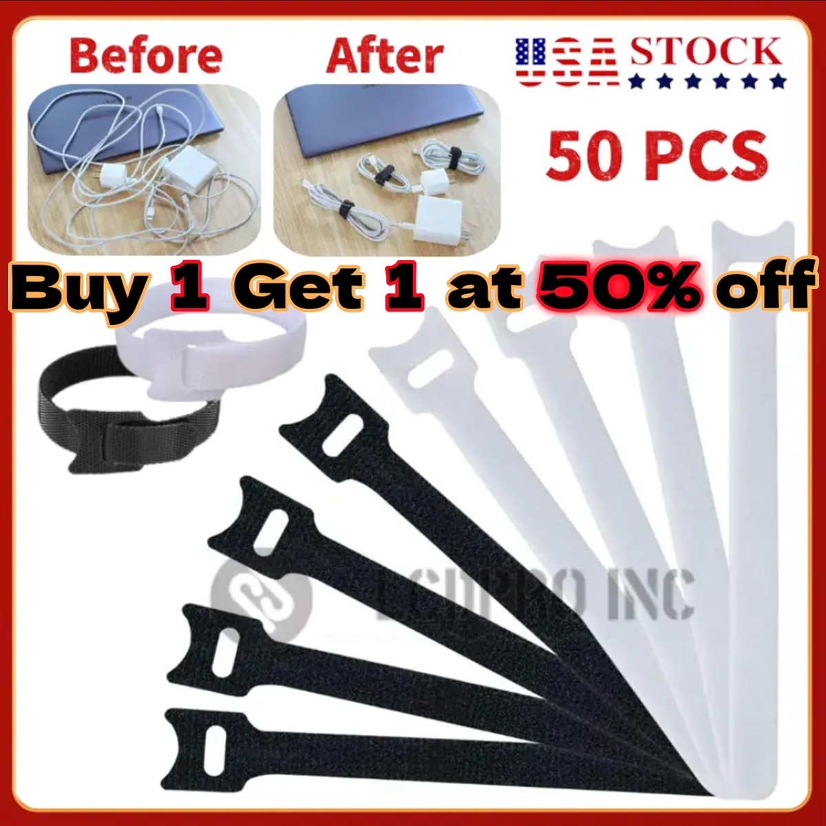 50 Pcs Cable Straps Black Wire Cord Hook Loop Ties Reusable Fastening Organizer