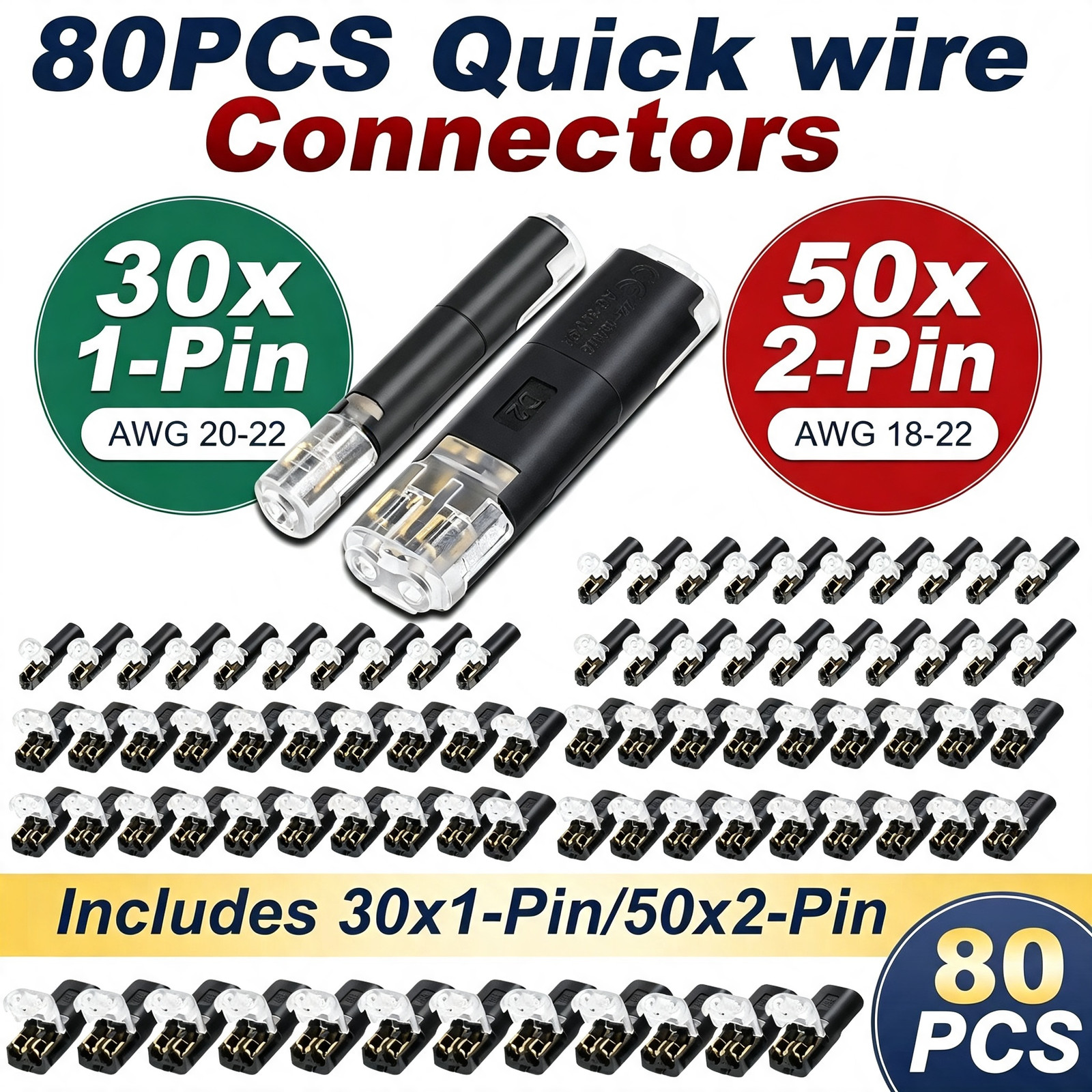 80 PCS Plug-In Quick Wire Connectors, Reusable Clamp Terminal Blocks for Cables.