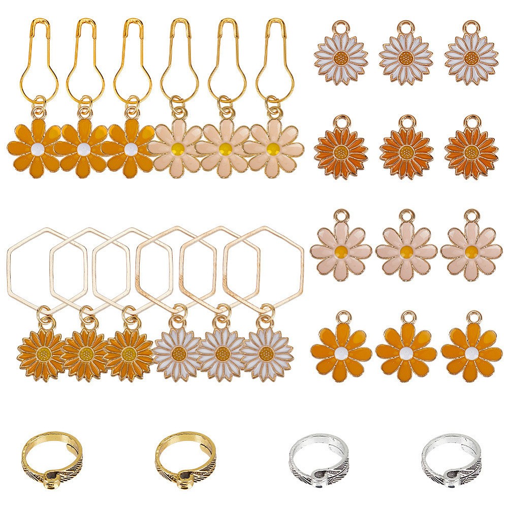 1set Knitting Tool Kits including Daisy Alloy Enamel Stitch Markers Pendants