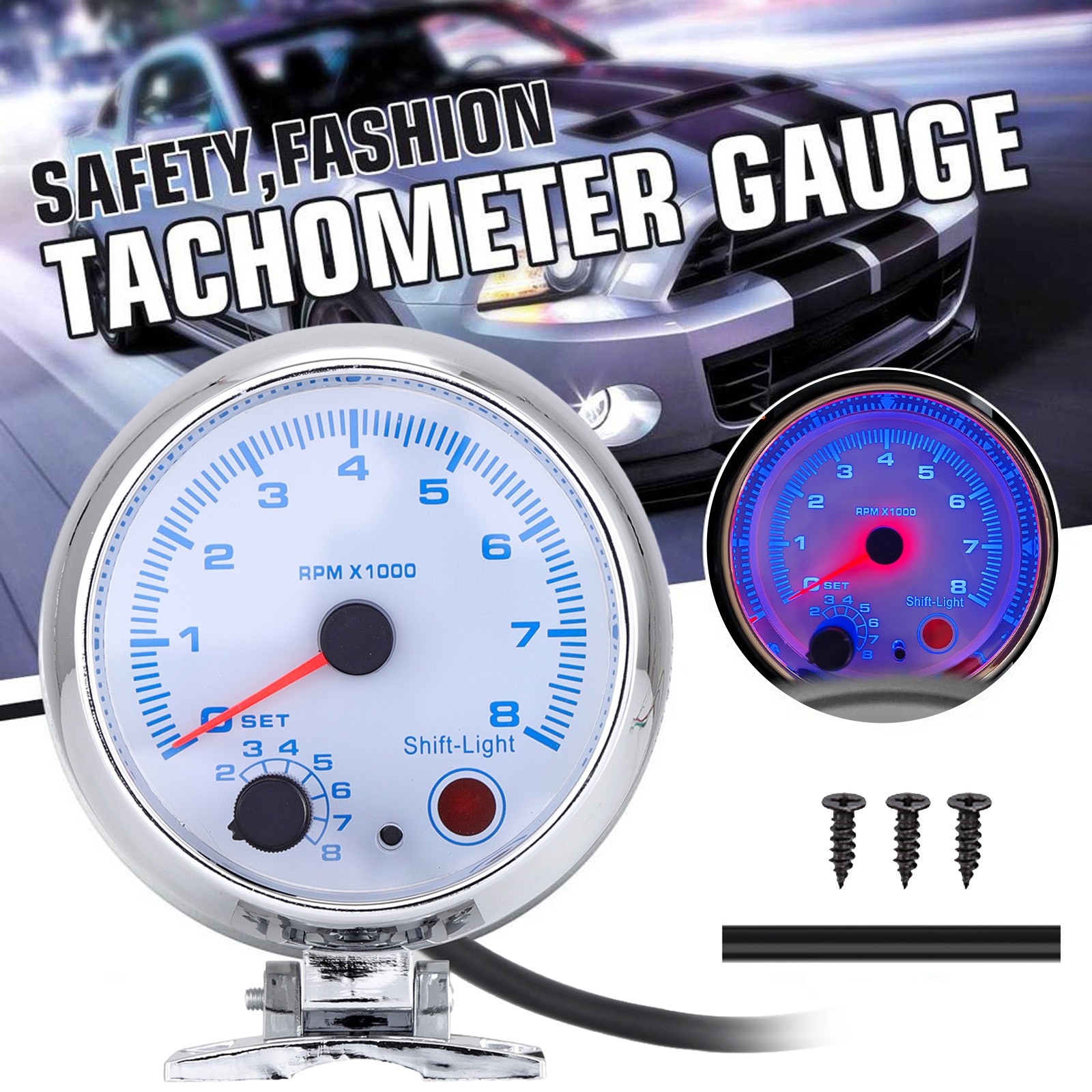 3.75" 12V Car Tachometer Gauge Meter 0-8000 RPM With LED Shift Light Universal