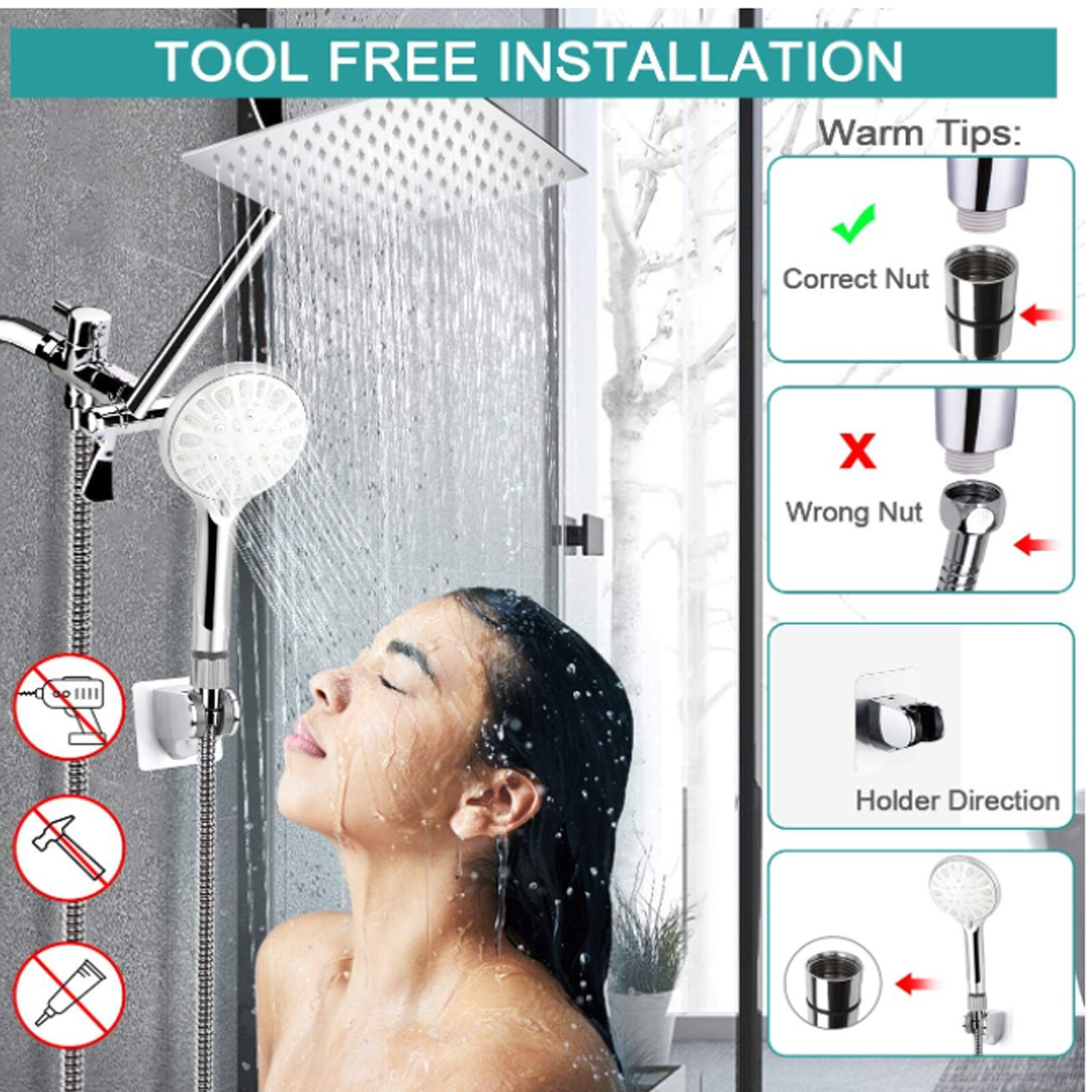 Chrome 12'' High Pressure Rainfall Dual Shower Head Combo with 3 Modes Handheld