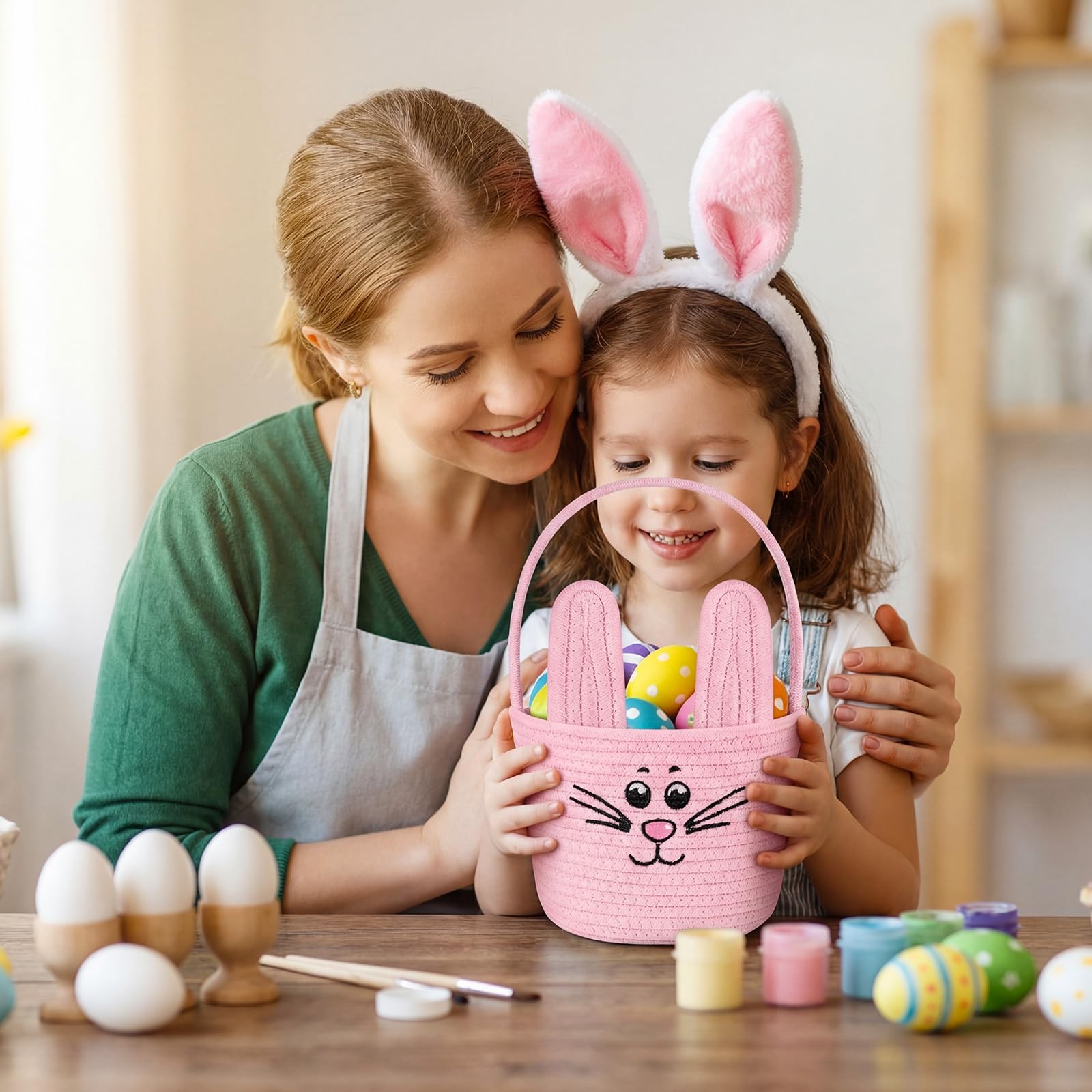 Woven Easter Baskets Woven Bunny Baskets with Handles Eggs Hunt Bucket Rabbit...