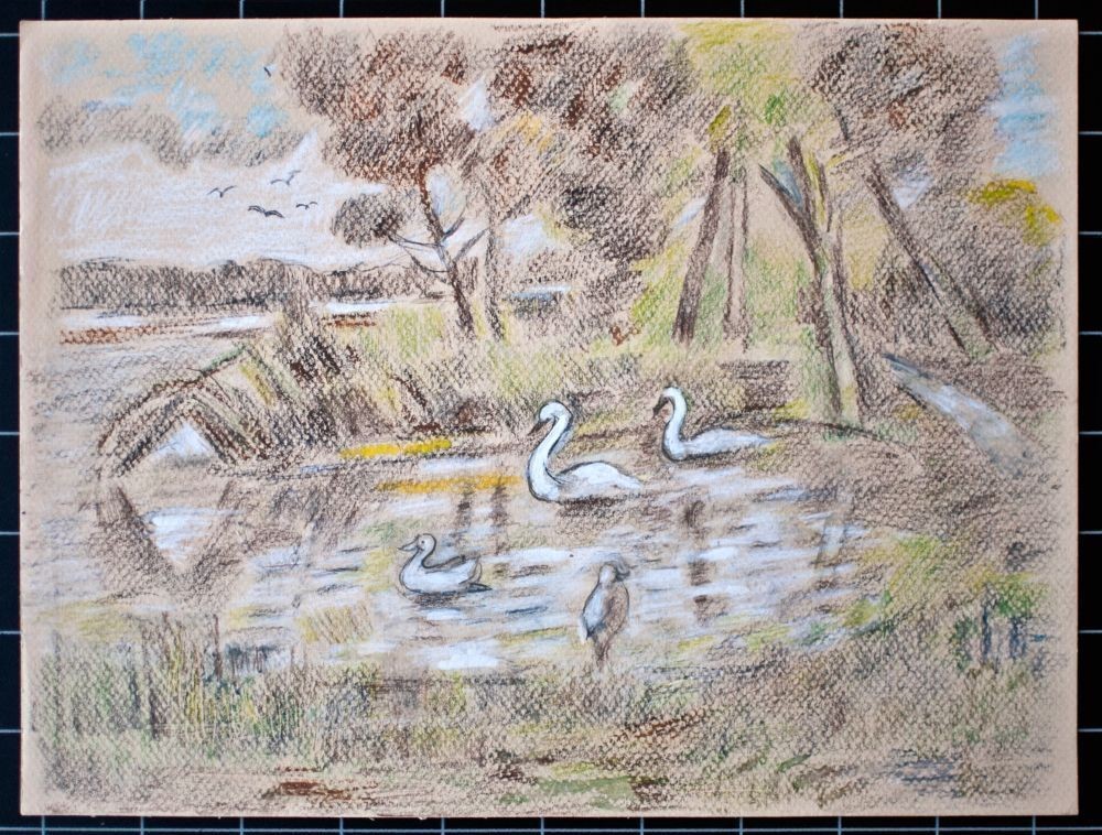 Sonja Deserts Landscape Lakeside Swans Monogram Unique Mixed Media 2013