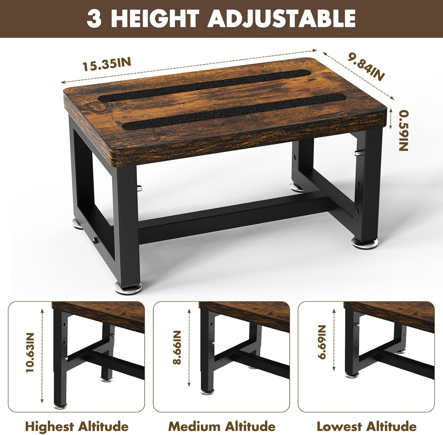Step Stool, Height-Adjustable Wooden Step Ladder Metal Foot Stool Small Kitchen